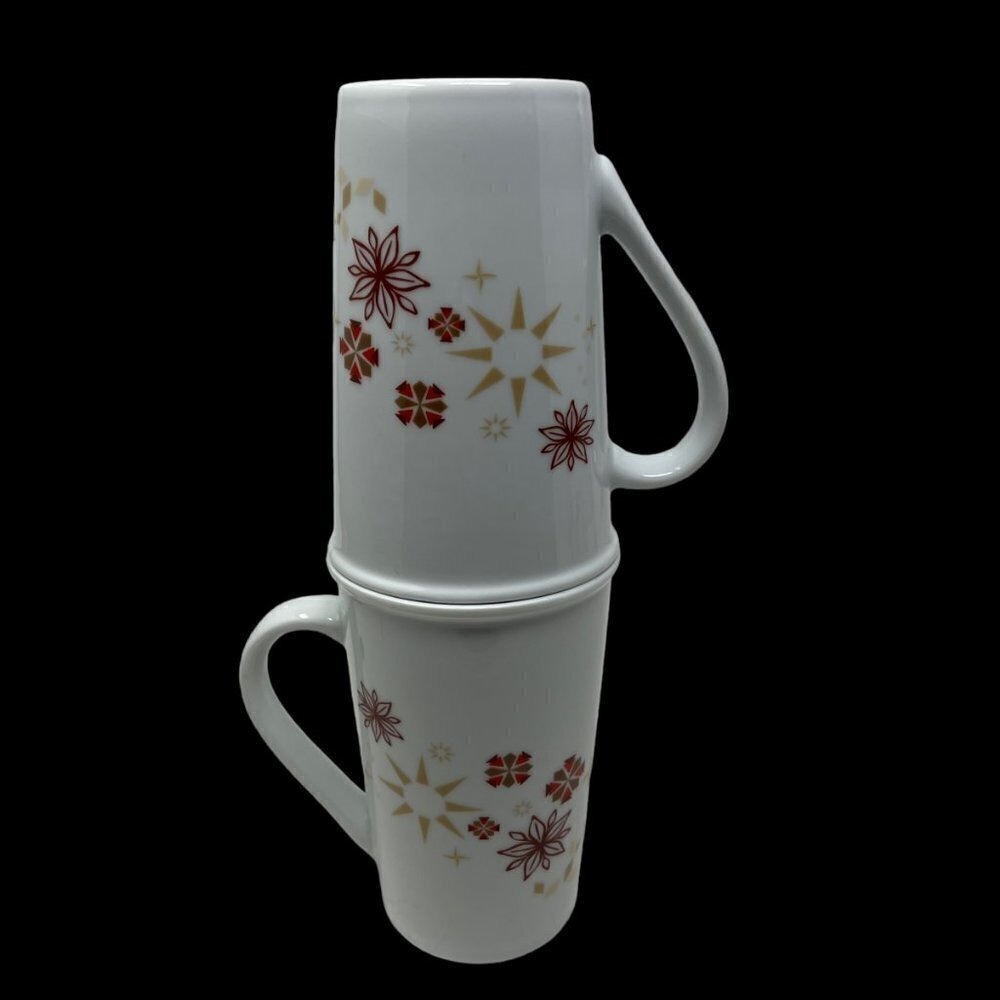 Starbucks Christmas Holiday Mugs Set of Two White with Red and Gold Flowers
